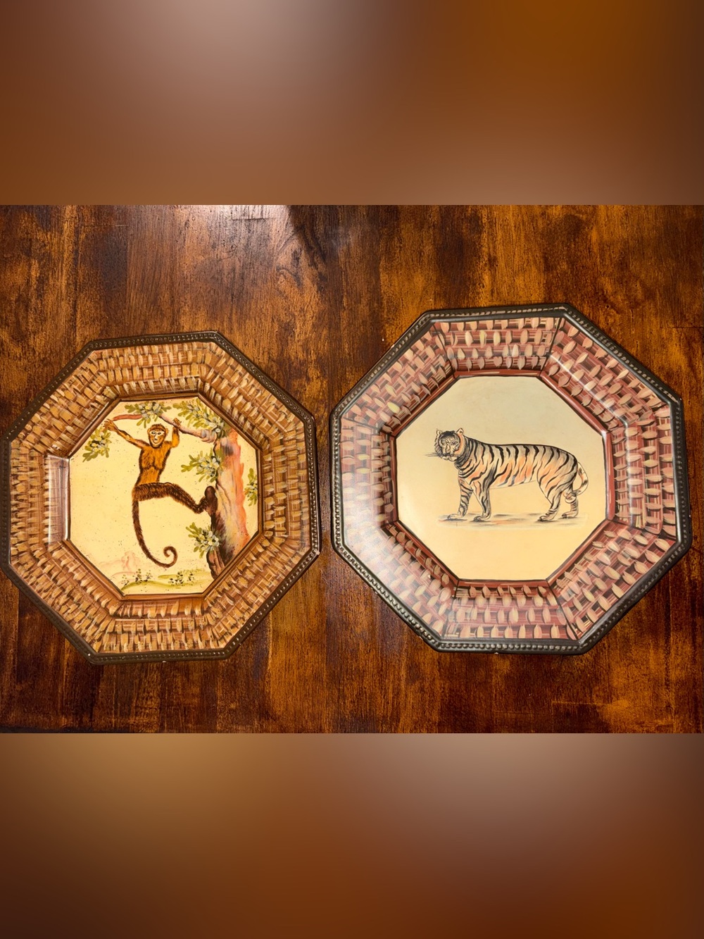 Ramon’s Waites ceramic Wall Plates with Monkey and Tiger Motifs